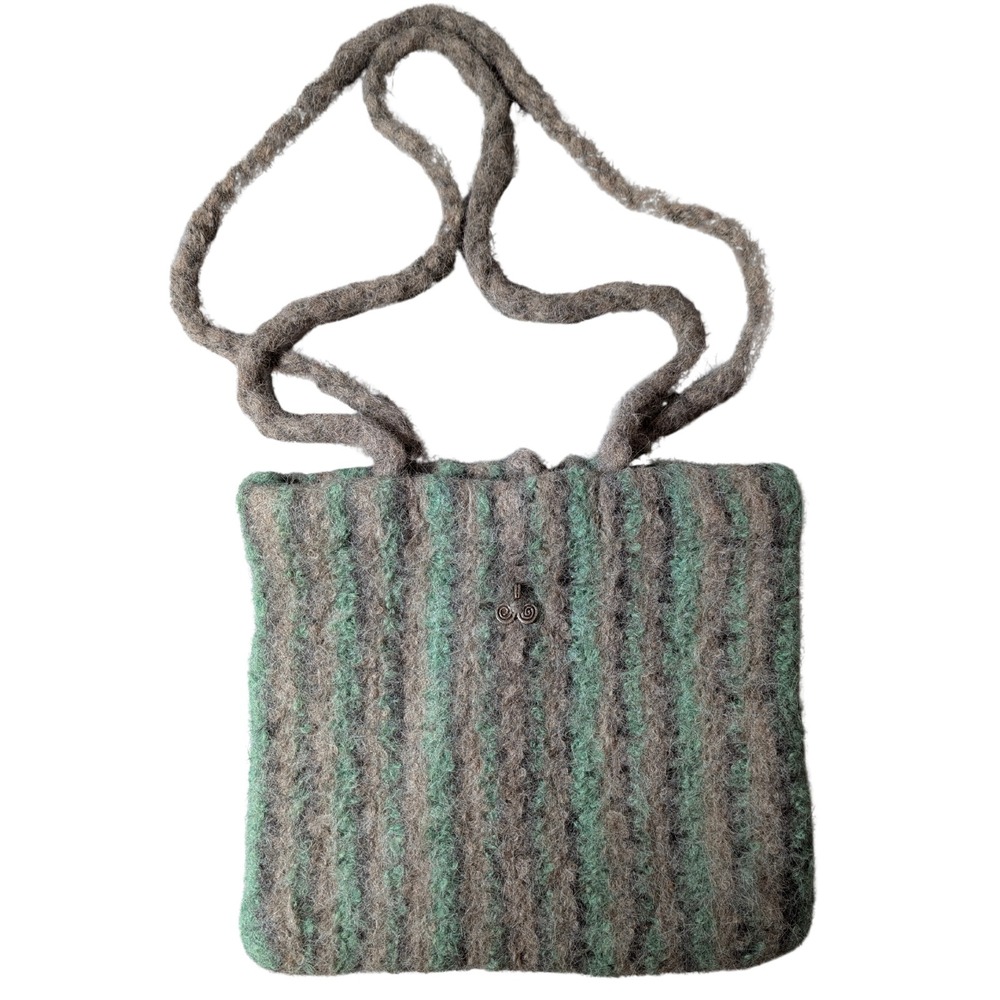 Felted Shoulder Handbag Lined Green Gray Striped Knit Braided Strap Boho Coastal